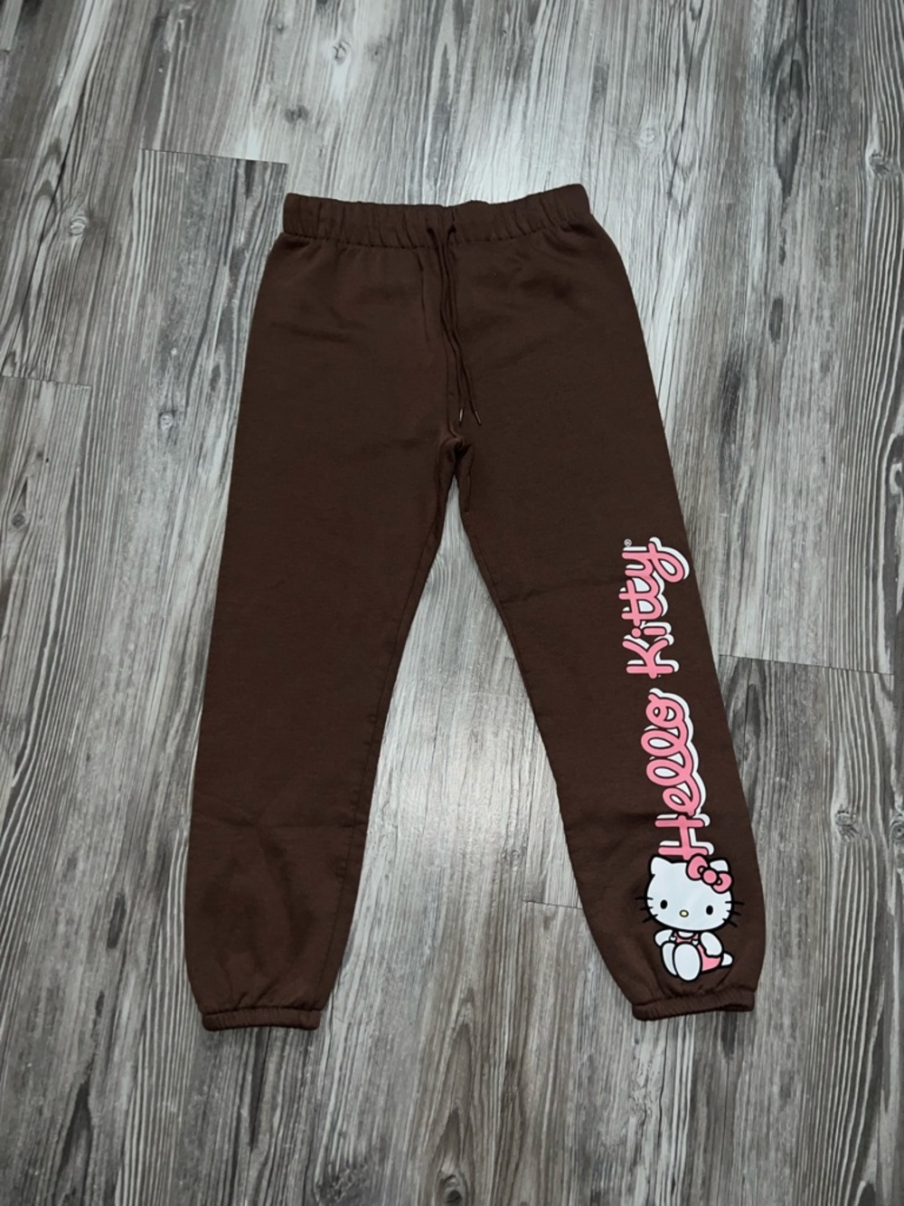 Kids Hello Kitty Brown Jogger Pants with Pink & White Logo Size L
